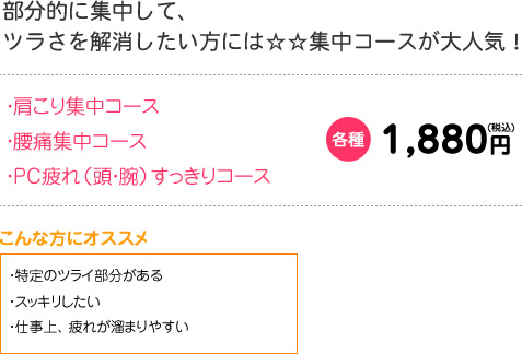 部分的に集中して、ツラさを解消したい方には集中コースが大人気！